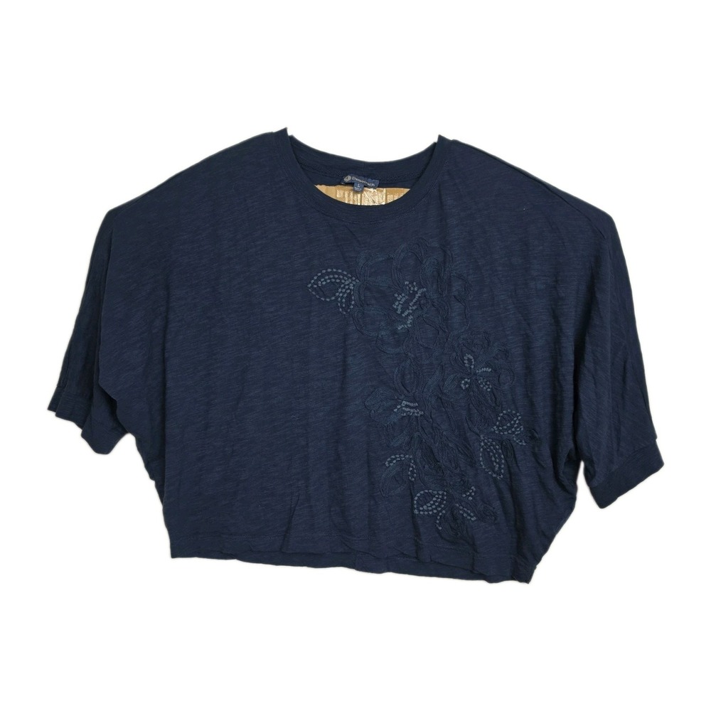 Democracy Slouchy Cropped Shirt Womens L Blue Embroidered Flowers